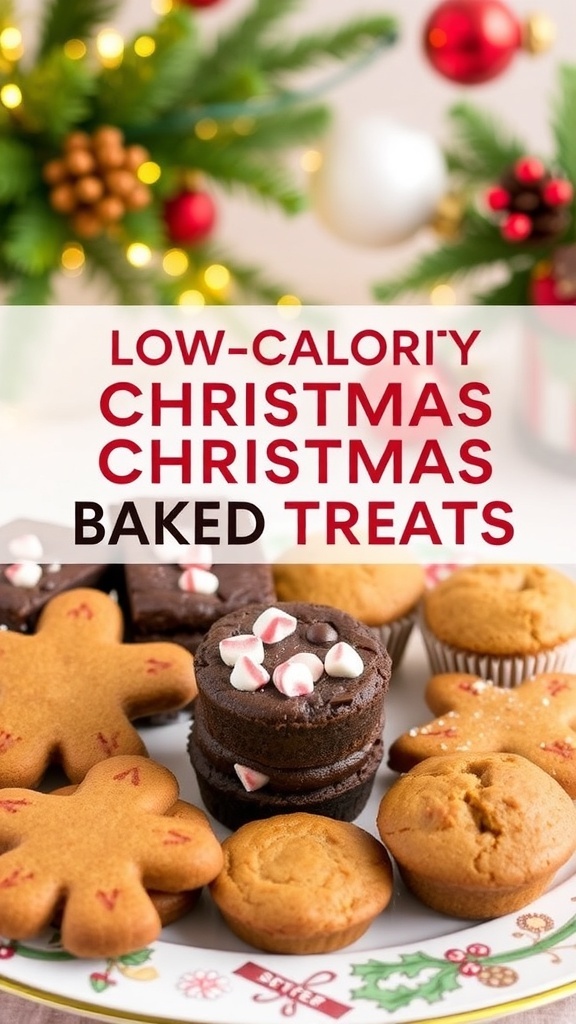 A colorful assortment of low-calorie Christmas baked goods on a festive platter with holiday decorations.